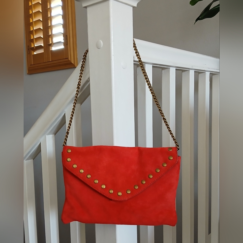 J.Crew Studded Red Suede leather Envelope clutch with chain - Picture 1 of 6
